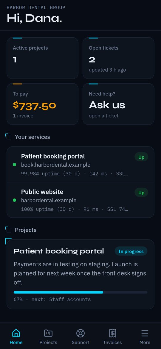 The app’s home screen: active projects, open tickets, amount to pay, service uptime and project progress