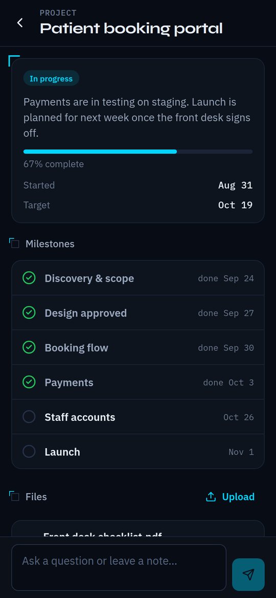 A project in the app: status summary, progress and milestones